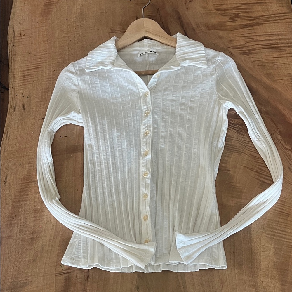 Reformation Jeans Cream Button-Down Ribbed Shirt